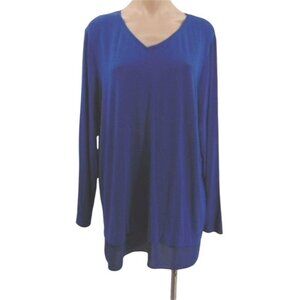 Chicos Blue Knit V Neck Sheer Hem Tunic XL 3 Long Sleeve Split Side Rayon